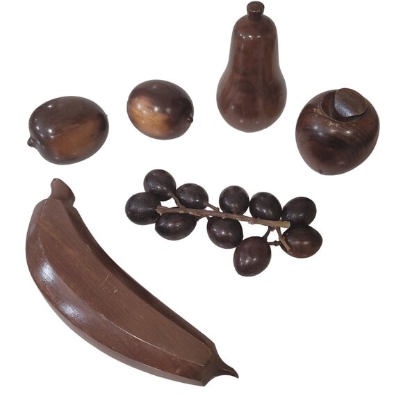 Vintage Hand-Carved Wooden Fruit Set - Banana Grapes Pear Apple - Picture 1 of 13